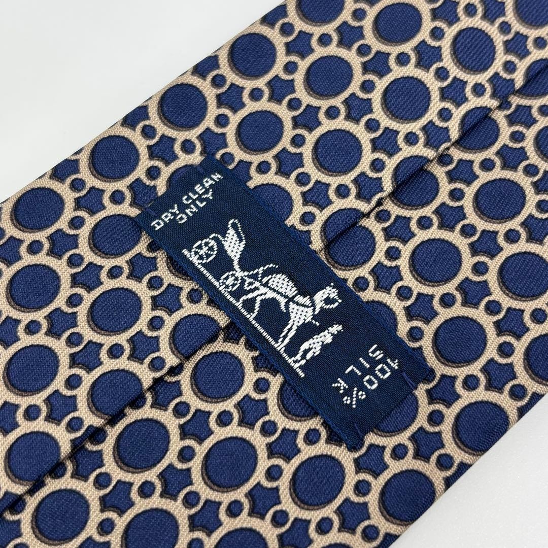 HERMES tie circular pattern navy silver SILK 100% - image 7