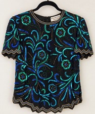 Vintage Papell Boutique Evening M Silk Beaded Sequin Top Black Blue Teal 90s