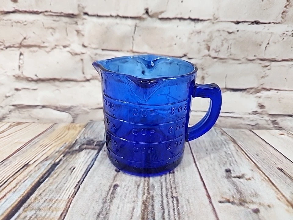 Vintage Cobalt Blue Depression Glass 3 Spout Measuring Cup Embossed Spout