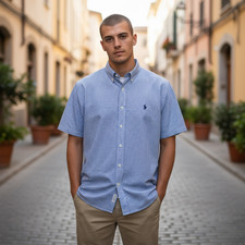 Ralph Lauren Blake Blue Check 100 Cotton Short Sleeve Men's Button-Down Shirt L
