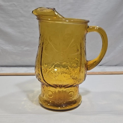 Vtg Anchor Hocking Amber Glass Floral Pitcher with Handle