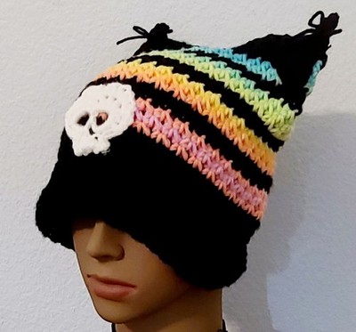 Handmade New Rainbow Crocheted Cat Hat Beanie with skull - One Size fits all