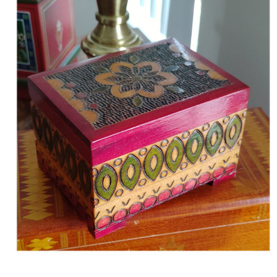 Hand Painted Vintage Wooden Decorative Box, Rectangular, Red Green Yellow Black