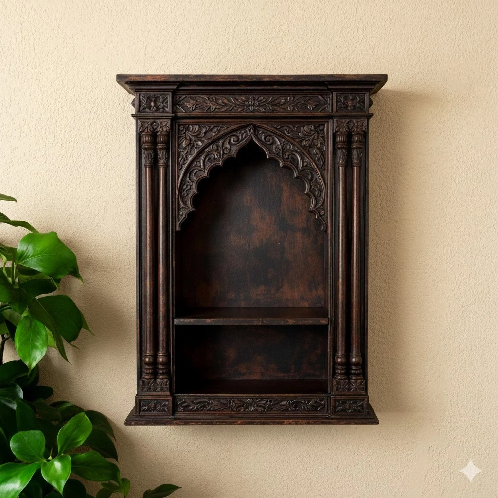 Jodhpur Hand-Carved Archway Display Shelf - Antique Dark Wood, Double Tier Wall