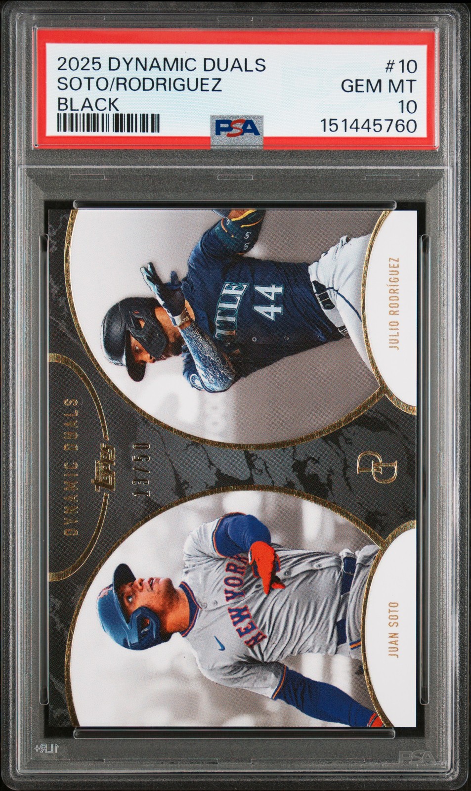 2025 TOPPS DYNAMIC DUALS BLACK #10 JUAN SOTO/JULIO RODRIGUEZ 13/50 PSA 10 view 1