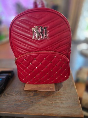 NWT Badgley Mischka Red Quilted Backpack Gold Studs Vegan Leather Designer Bag
