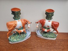 Pair of Large Victorian Staffordshire Cow & Calf Spill Vases c1850