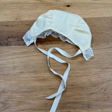 Vintage Baby Bonnet Cream Lace Trim Ribbon Tie Christening Photo Prop Accessory