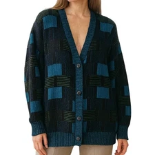 Vintage Sostanza Geometric Oversized Cardigan Sweater Blue Black Large