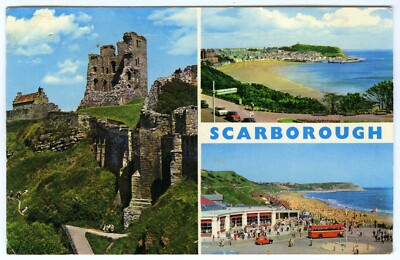 1970er Postkarte Bus im Corner Cafe North / South Bay & Beach Scarborough unbesendet