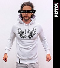 Pistol Boutique Homme Blanc Pull Tatouage Poitrine Hirondelle Logos Mode Capuche