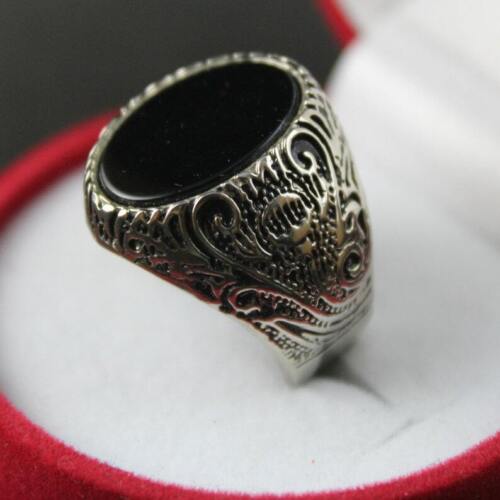 Natural Oval Shape Black Aqeeq Agate Carnelian Aqiq Mens Handmade Ring - Picture 3 of 10