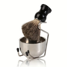 3 in 1 Set for Men, Badger Hair Shave Brush Stainless Stand  Bowl NIB