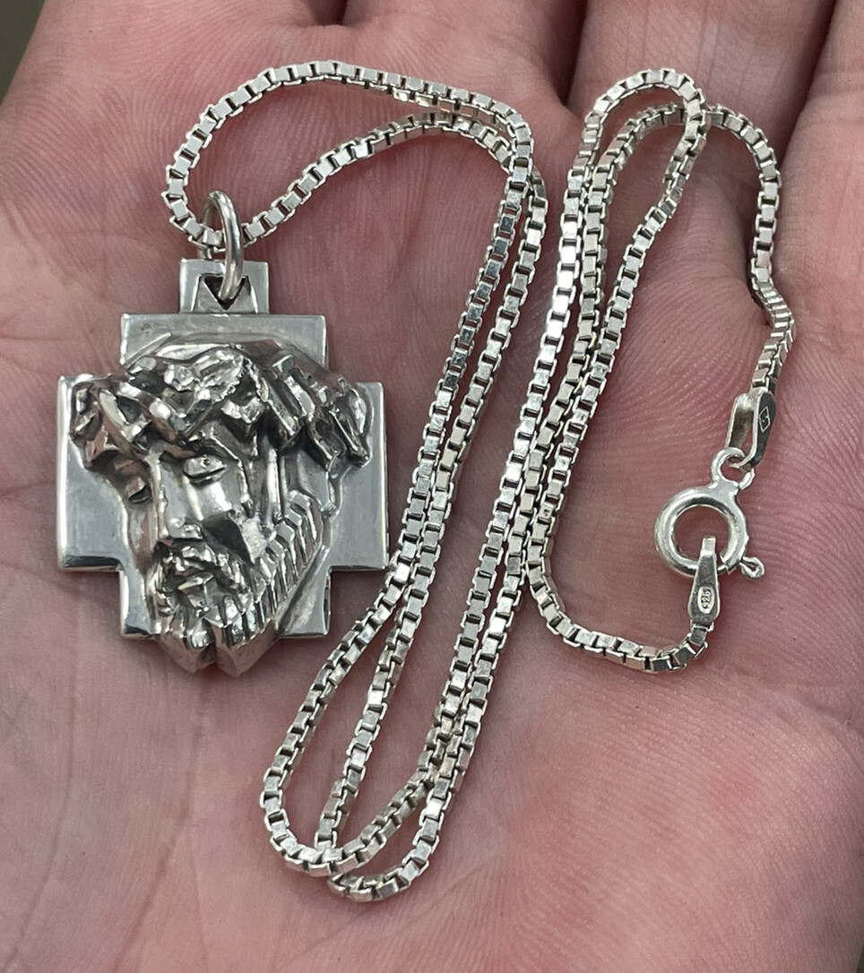 Vintage Creed Solid Sterling Silver Christ Head Pendant Necklace With