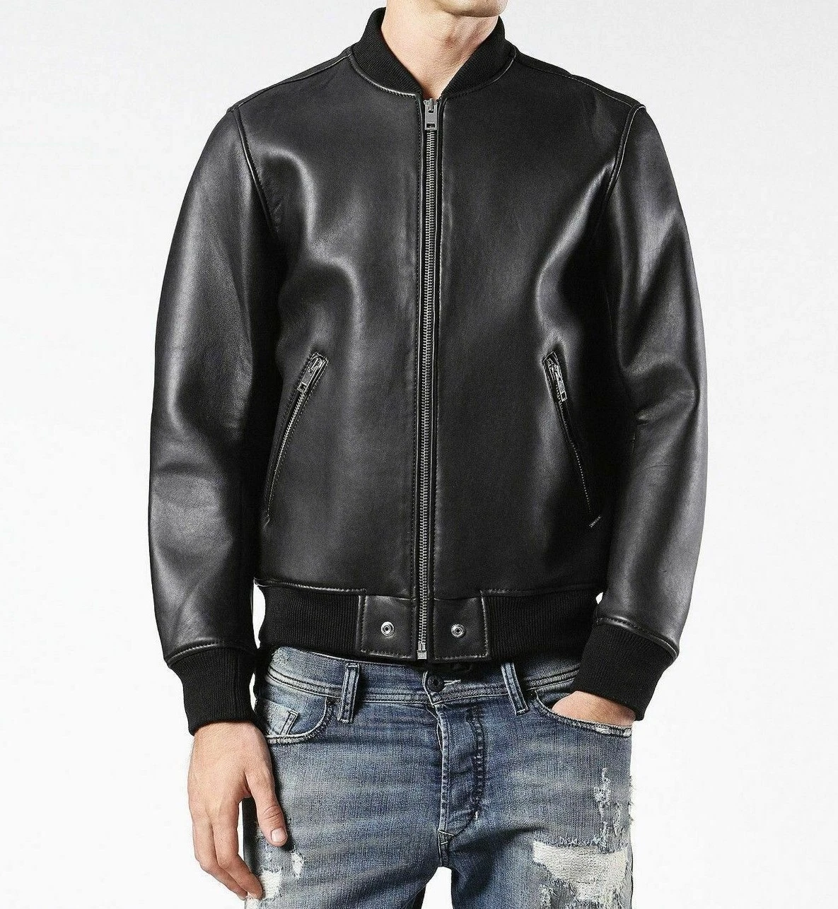 Mens Soft Lambskin Leather Bomber Biker Jacket Black Baseball Varsity Style Coat