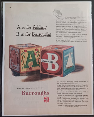 1949 Burroughs Adding Machine Vintage Print Ad 1940s Kids Wood Blocks Sailboat