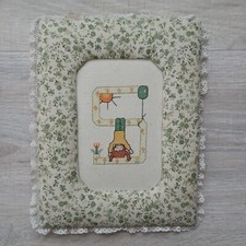 Vintage 1975 Letter S Hand Sewn Needlepoint in Soft Fabric Frame 4x6, 7x9 total