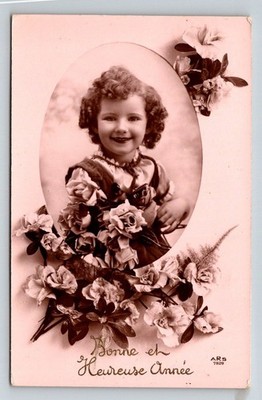 Vintage Real Photo Postcard Little Girl Flowers ''Bonne et Heureuse Année'' ARS