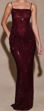 MESHKI Roisin Diamante Satin Maxi Dress Mahogany Crystal Evening Gown Sz S