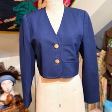 Vintage Ann Taylor Navy Blue Cropped Wool Blazer Gold Buttons Women's Size 4