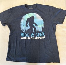 BIGFOOT Hide Seek World Champion Sasquatch Blue Mens T-Shirt Size 2XL Cryptid