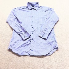 David Donahue Dress Shirt Mens 17 34/35 Blue Pink Trim Fit Plaid Cotton
