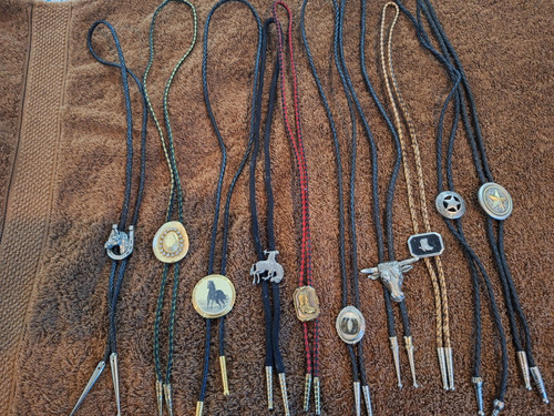 Vintage 10 Men's Western Bolo Tie Lot SilverGold Tone Horse Bull Star Adjustable