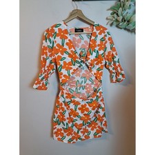  Cider Long-Sleeve Women’s White Orange Green Floral Mini Dress Cut Out Sz L