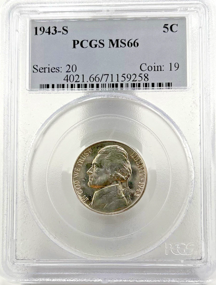 PCGS Certified MS 66 Graded 1943 Year US Jefferson Nickels (1938