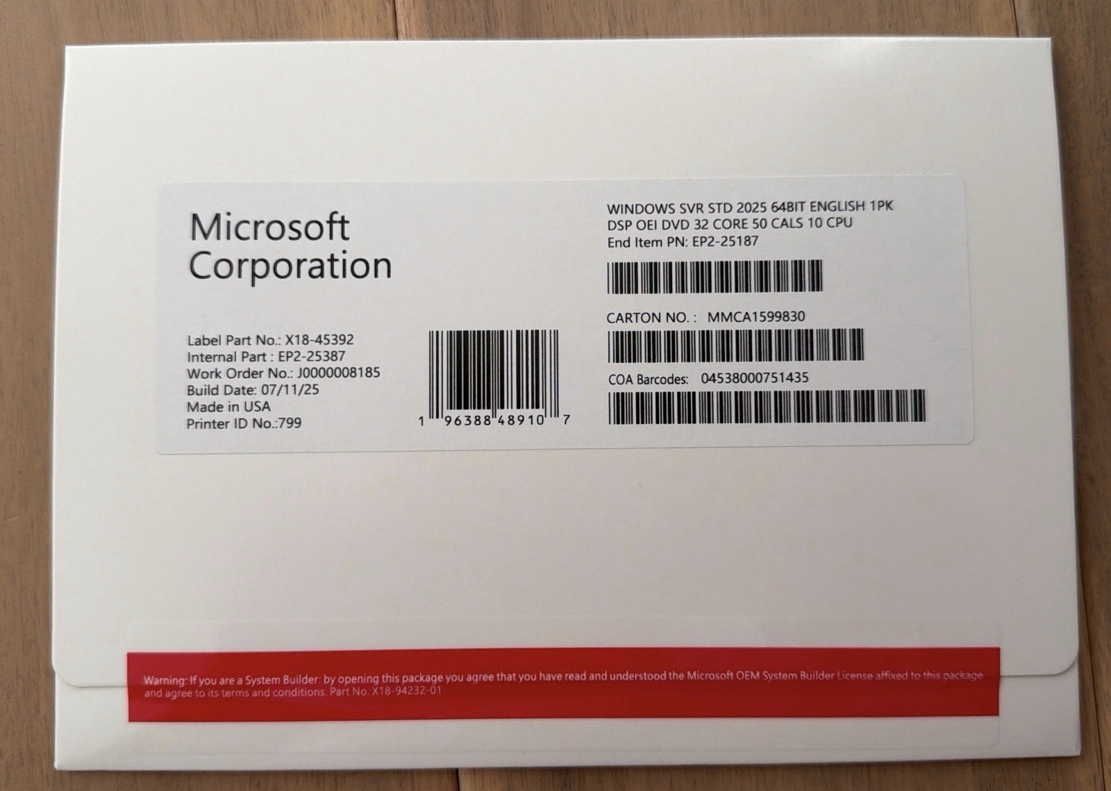 Microsoft Windows Server 2025 Standard 64bit 32 Core-50 CALs DVD With Key Sealed