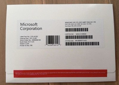 Microsoft Windows Server 2025 Standard 64bit 32 Core-50 CALs DVD With Key Sealed