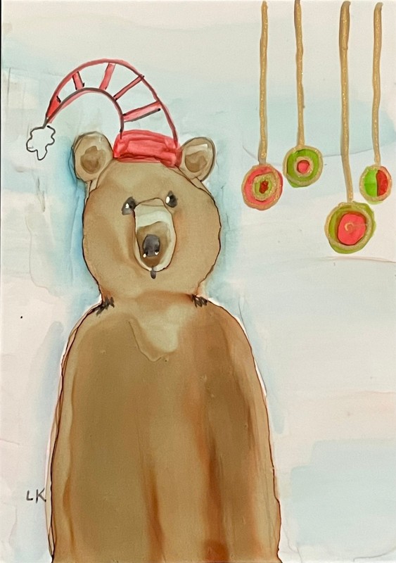 ACEO original holiday Bear ornaments painting by Lynne Kohler 2.5x3.5"