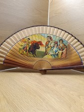 Vintage Spanish Folding Hand Fan Bullfight Scene   Wooden  Fabric, Decorative C