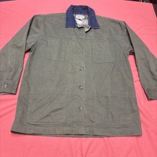 VTG Cabin Creek Khaki Green Denim Chore Jacket Coat Work w Plaid Size L