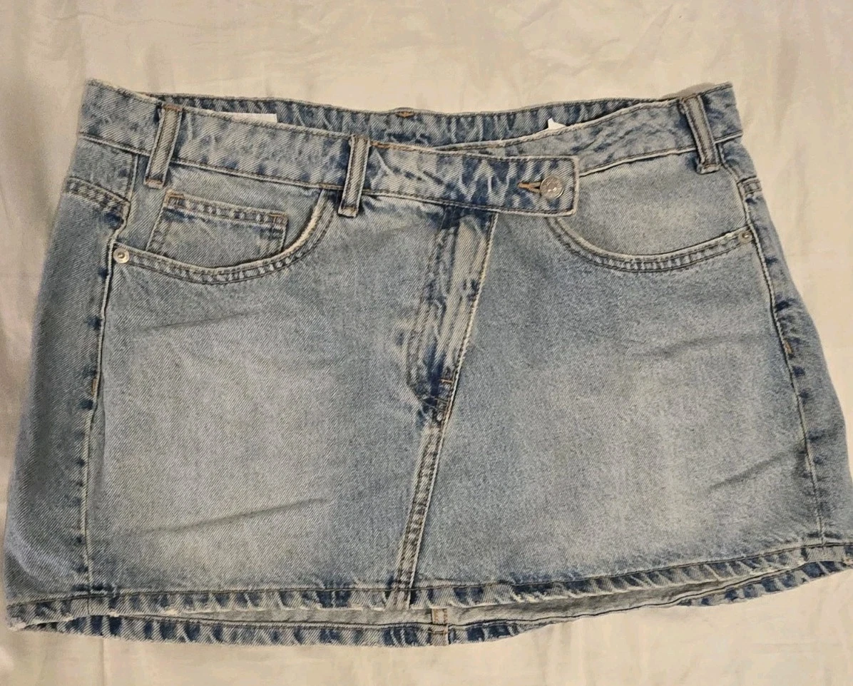 Zara Blue Denim Mini Skirt With Belt High Waist Size XL