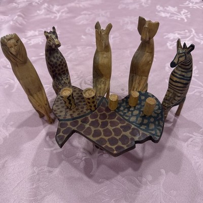 5 Hand Carved Wood African Safari Animals Sitting At Table Made In Kenya Set