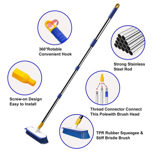 12" Wide Floor Scrub Brush with Long Handle, 2-in-1 Deck Cleaning Brush with ... - Picture 6 of 9