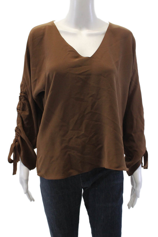 Amanda Uprichard Womens V-Neck Long Sleeve Ruched Blouse Solid Brown Size S