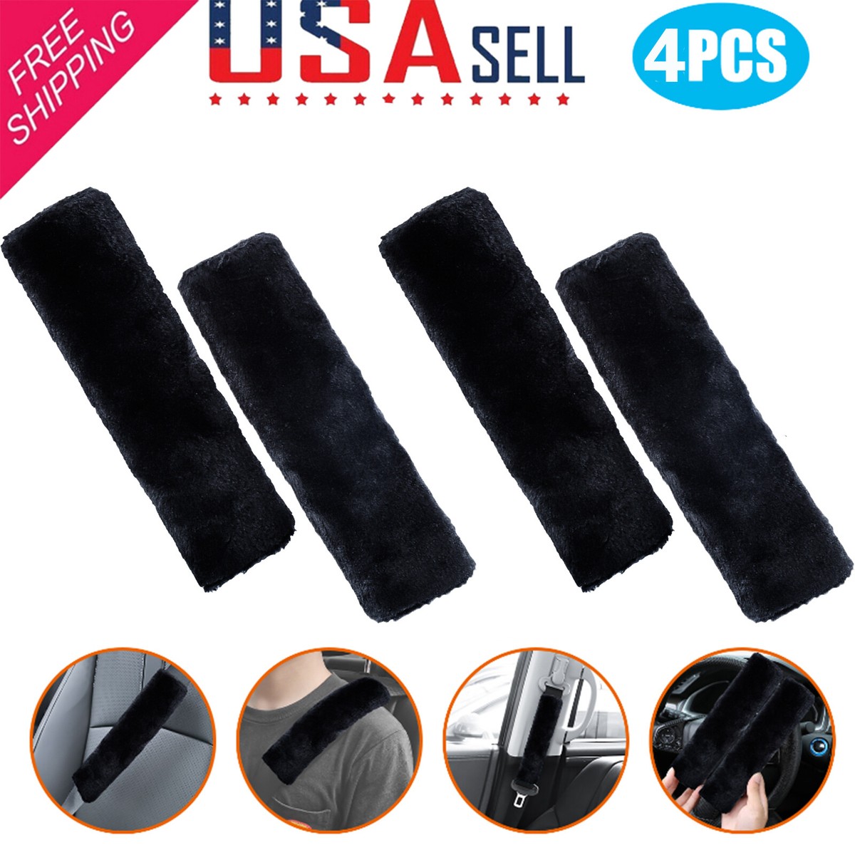4-Pack Sheepskin Seat Belt Shoulder Pads – Breathable, Black, Fits Front & Rear Seats – Unbranded, 1-Year Warranty