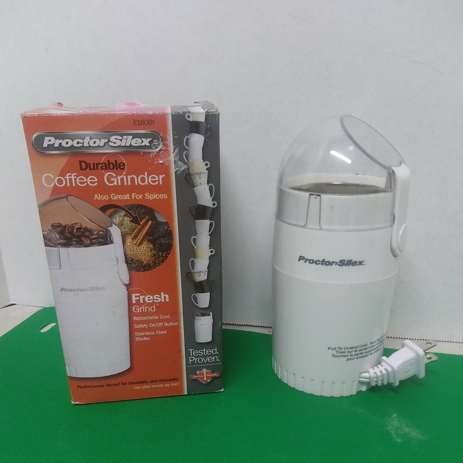 Used Proctor Silex E160B White Electric Coffee Grinder Retractable Cord