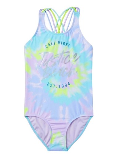 Justice Girls 1 Piece Swimsuit Mint Size 10 Tie Dye Strappy Back Logo Lined - Picture 6 of 10