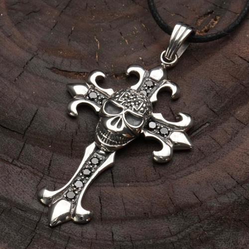 Anhänger Silber 925 Kreuz Totenkopf Skull Zirkonia schwarz 7,1 cm x 3,9 cm Band - Bild 4 von 9