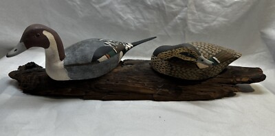 Vtg Hand Carved & Painted Wooden Northern Pintail Ducks  14  Signed W.T. Miller