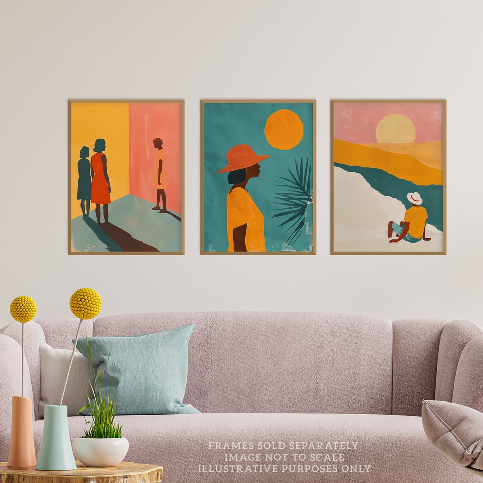 Set of 3 Prints African Sun Summer Teal Warm Bright Poster Wall Art A4