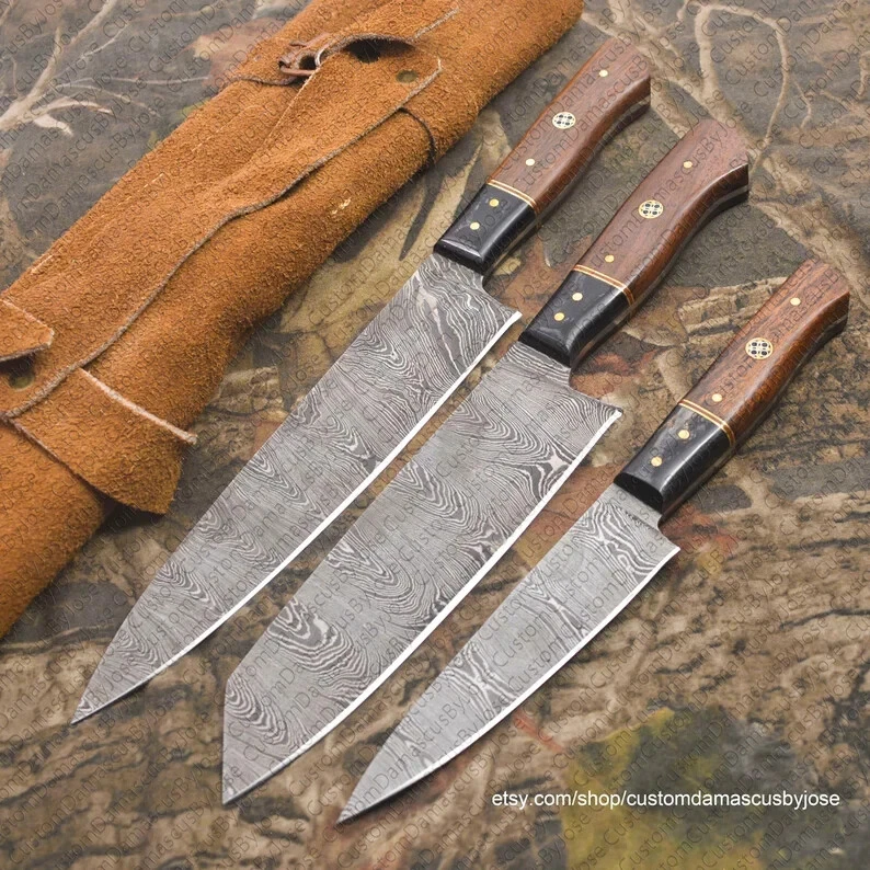 Set OF 03 Damascus Kitchen knife with sheath | Fixed Blade Chef knife handmade