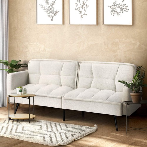 Oikiture 3-Seater Sofa Bed Convertible Boucle Sherpa Lounge Couch White - Picture 2 of 9