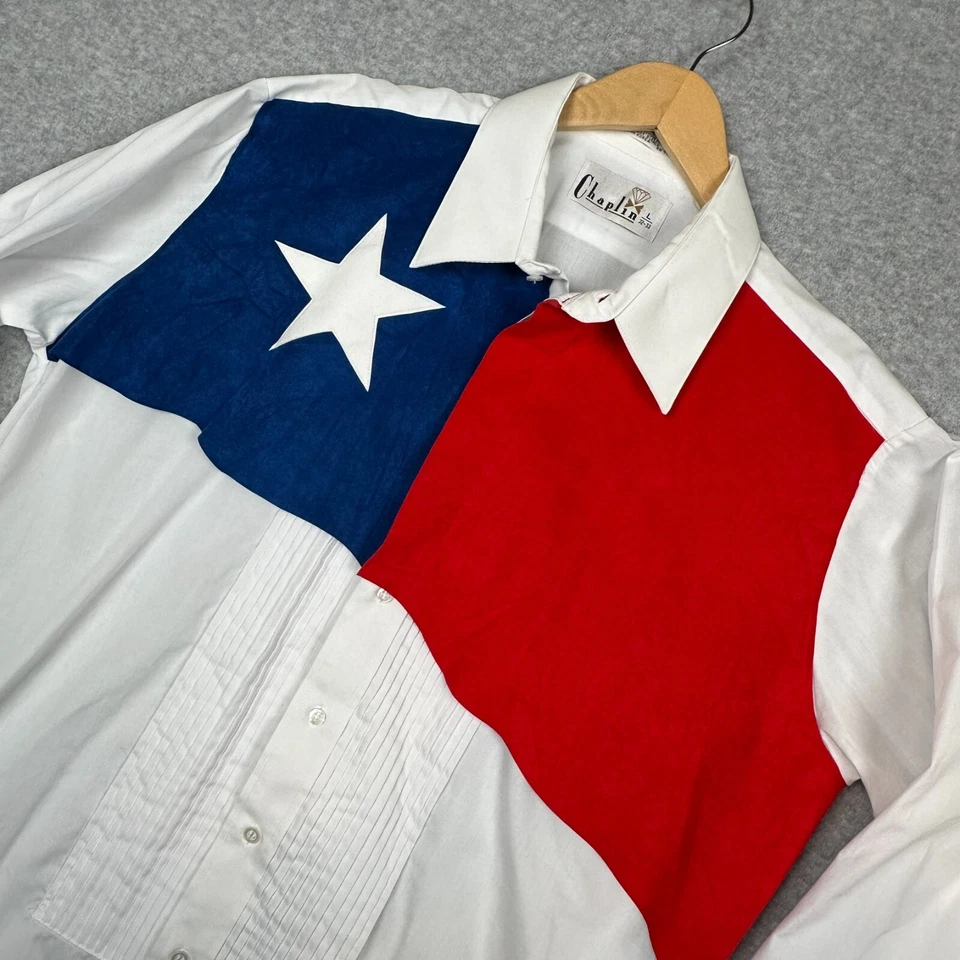 Camisa Chaplin De Colección Para Hombres Grande 32-33 Blanco Esmoquin Plisado Bandera de Texas Babero Yugo Foto 4 de 4