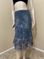 Blue Denim Jeans Beaded Embroidery Lace Ruffles Zipper Size L 8-10 Skirt 3333