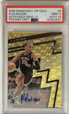 A'JA WILSON 2025 VIP GOLD VINYL SSP #1/1 PSA 9 MINT PERFECT AUTO 10 ACES POP 1