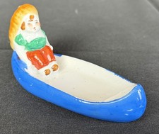 1930s Hand Painted Porcelain Native American Maiden in Canoe Porcelain Pin Tray